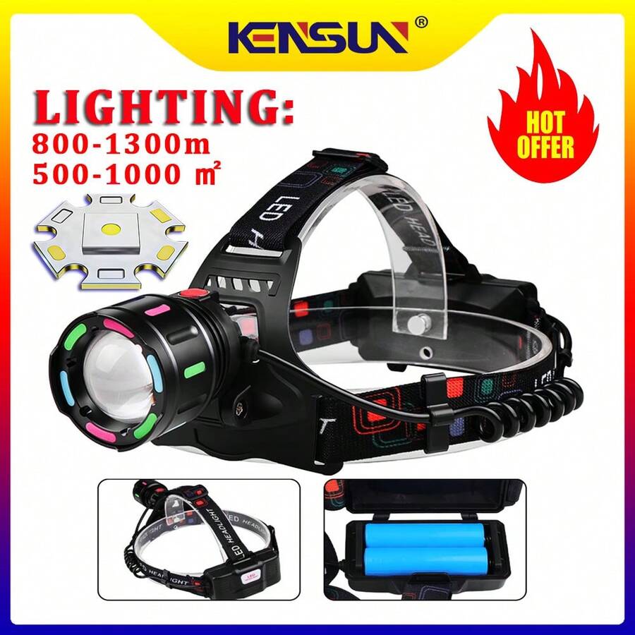 High Brightness Long Range LED Headlamp, Adjustable Zoom Headlight Flashlight Searchlight Suitable For Camping Fishing - With 18650 Battery - View 1