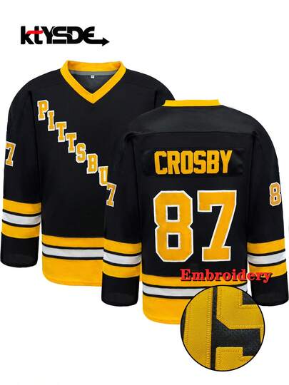 KTYSDE Men's #87 Black & Yellow Color Block Ice Hockey Jersey, Vintage Style With Pittsburgh Lettering Embroidery, Loose Fit V-Neck Long Sleeve Pullover Sportswear, Suitable For Autumn/Winter, Casual, Party, Team Training, Christmas Gift