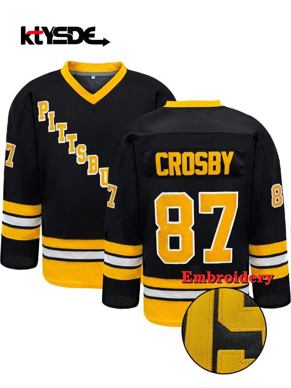 KTYSDE Men's #87 Black & Yellow Color Block Ice Hockey Jersey, Vintage Style With Pittsburgh Lettering Embroidery, Loose Fit V-Neck Long Sleeve Pullover Sportswear, Suitable For Autumn/Winter, Casual, Party, Team Training