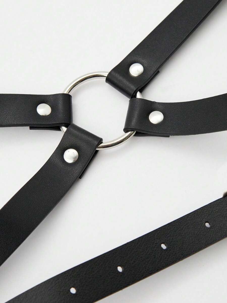 皮革笼式胸罩束缚带，朋克风胸部胸罩束缚带 PU 皮革，派对礼服配饰，女士皮革胸部束缚带 - 黑色 - 查看 1