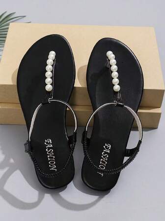 Women's T-Strap Pearl Chain Decor Summer New Roman Flat Sandals, Women's Clip Toe Comfortable Minimalist Casual Beach Holiday Style, Fashionable Slip-On With Elastic Strap At Heel