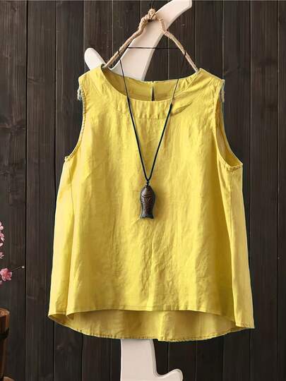 Women's Casual Sleeveless Tank Top, Round Neck Loose Fit Bohemian Tops For Summer, Available In Mint Blue/Rose Red/Yellow/Green/Apricot/Black/White
