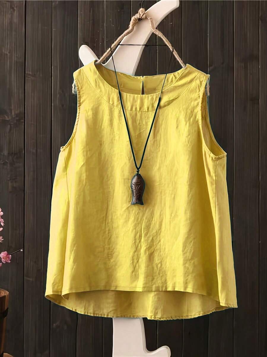 Women's Boho Linen Sleeveless Top, Casual Loose Fit Yellow Tank Top, Artisan-Crafted Summer Blouse For Beach, Daily Wear & Vacations