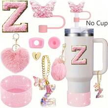 8 Stück Zubehör für 40oz & 30oz Becher, inklusive Strohhalm-Deckel, auslaufsicherer Silikonverschluss, Silikonmanschette, Buchstabenanhänger-Kette, Aufkleber, Herz-Haken, Herz-Pompon-Haarball-Anhänger, für Camping, ideales Valentinstags-Geschenk, Muttertags-Geschenk (ohne Becher)