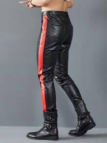 Idopy Men`S Motorcycle Slim Fit Five Pockets Stretchy Faux Leather PU Pants Concerts Party Night Club Rider Trousers With Strips - màu đen - Xem 9