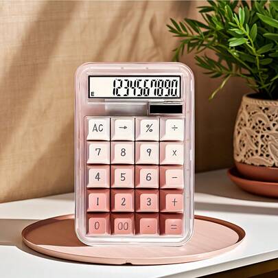 1pc Mechanical Button Desktop Calculator, 12-Digit Large LCD Display, Solar/Battery Dual Power, Large Easy-Press Buttons, Colorful Transparent Candy Calculator, Auto Sleep, Suitable For Office, School, Home (Batteries Not Included)