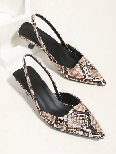 Brown Snake Print Pointed Toe Slingback High Heel Sandals For Women,Kiiten Heels,Kitten Heels