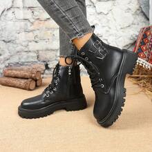 时尚黑色靴子，厚底增高，系带+侧拉链，街头风踝靴，搭扣，正装靴 - 黑色 - 查看 8