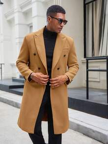 Runcati Men's Winter Double Breasted Trench Coat Mid Long Notched Lapel Casual Business Peacoat Overcoat - 卡其色 - 查看 2