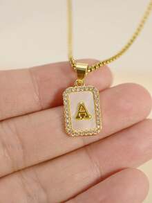 MECYLIFE 1 pieza Collar de cadena Rolo de acero inoxidable, collar de mujer con colgante de letra con incrustación de concha blanca personalizada