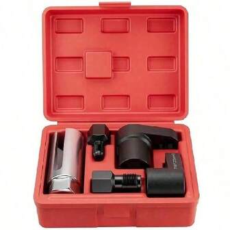 5pcs O2 Oxygen Sensor Socket Wrench Set - 3/8" And 1/2" Drive, 7/8" (22mm) Metric Socket, Durable Red Case - Essential Tool Kit For Efficient O2 Sensor Removal