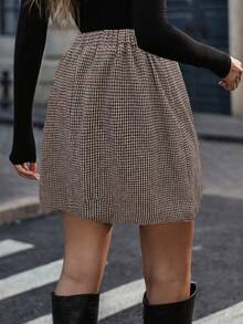Plus Size Houndstooth A-Line Short Skirt With Zipper Detail Woven Fabric Non-Stretch Chic Mini Skirt