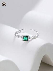 SYMFNY 925 Sterling Silver Green Square Cubic Zirconia Chain Link Adjustable Open Ring, Fashionable & Elegant Jewelry Gift For Women
