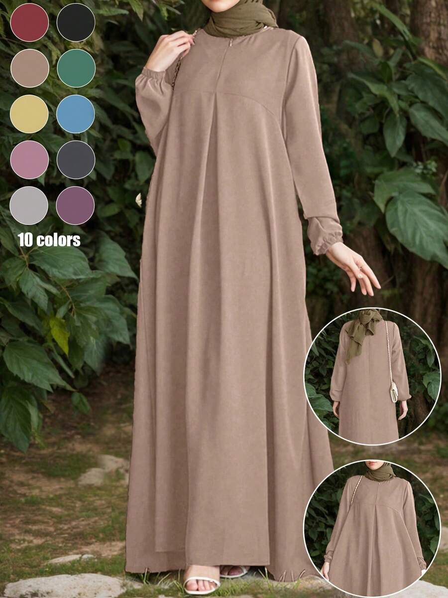 Long Sleeve Round Neck Arabic Style Woven Fabric Dress With Pockets