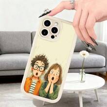 Cubierta de telefono con diseño de dibujos animados para iPhone 14 Pro Max color beige con pareja sorprendida ilustracion estilo anime para uso diario en biblioteca o casa Aplicable a teléfonos Apple y Galaxy. - Burdeos - Ver 6