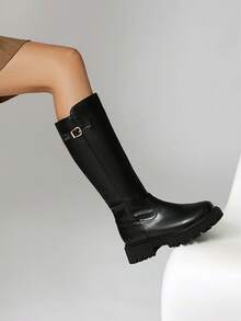 Women's Black Leather Skinny Fashion Boots, Casual Tight Leather Boots, Western Cowboy Boots, Fashionable Casual Riding Boots - Black - View 3