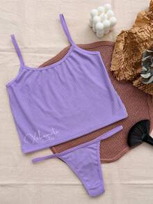 Lingerie Set: Thong Top (No Padding), Ribbed Suede Fabric, Comfortable, Butt-Lifting Effect. - Púrpura polvoriento - Ver 1