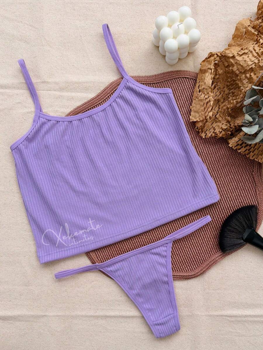 Lingerie Set: Thong Top (No Padding), Ribbed Suede Fabric, Comfortable, Butt-Lifting Effect. - Púrpura polvoriento - Ver 1