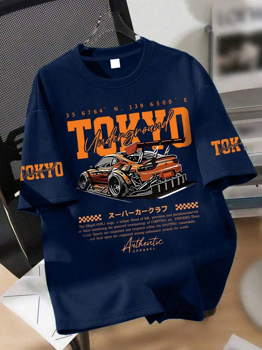 Teen Boys Tokyo Print Graphic Tee, Short Sleeve Car Print, Racing Vibe, Urban Style