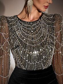 Rochie de seară luxoasă din catifea cu ornamente cu mărgele, rochie elegantă de doamnă, mânecă lungă, toamnă/iarnă, nou-venită, nuntă, petrecere de primăvară - Alb-negru - Vizualizare 4