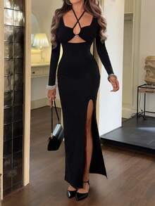 Sedessea 女士优雅性感深V领不对称修身黑色连衣裙，女士长款夏季连衣裙 - 黑色 - 查看 7