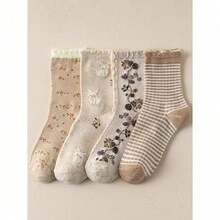 1/4 Pairs Beige Lace Ruffled Rabbit Print Stripe Pattern Breathable Cute Elastic Casual Student Moisture-Wicking Mid-Calf Socks For Women, Suitable For Easter, Fall - Multicolor - View 4