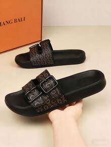 男士休闲拖鞋，时尚双扣装饰G字图案印花，男士休闲运动拖鞋，EVA软底平底凉鞋，夏季男士沙滩鞋，花园鞋，凉鞋，人字拖，柔软亲肤，柔软弹性材质，日常居家/休闲凉鞋，舒适百搭，适合户外行走 - 棕色 - 查看 2