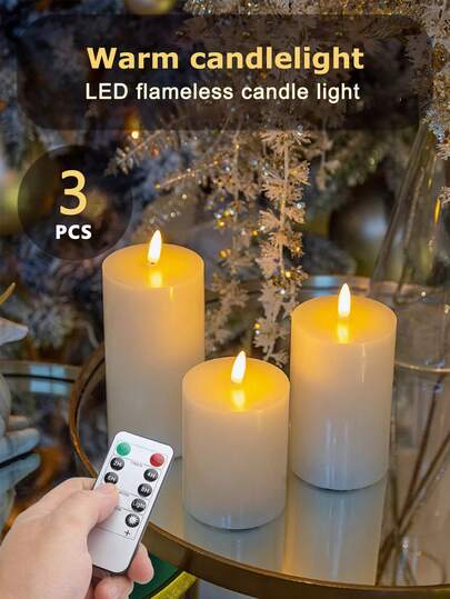 3pcs Flameless Candle Lights With Timer/Remote Control, Battery Powered, Wish Candle Lights, Odorless Smokeless LED Candles, Premium Glass Transparent Cover, 3-Piece Set Realistic Wick Pillar Candles, Warm Flame, Suitable For Home, Bedroom, Wedding, Proposal, Christmas, Halloween, Valentine's Day, Company Gathering Party