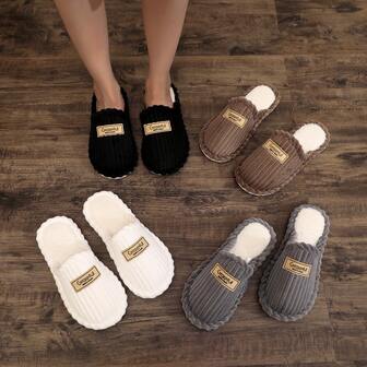 Corduroy Fabric Couple Slippers, Delicate Logo Decor, Suitable For Indoor Wear And Outdoor Matching