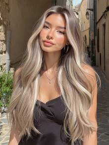 28 英寸渐变浅金色假发，女士长卷发假发，深色发根，时尚优雅，合成纤维假发，适合日常佩戴