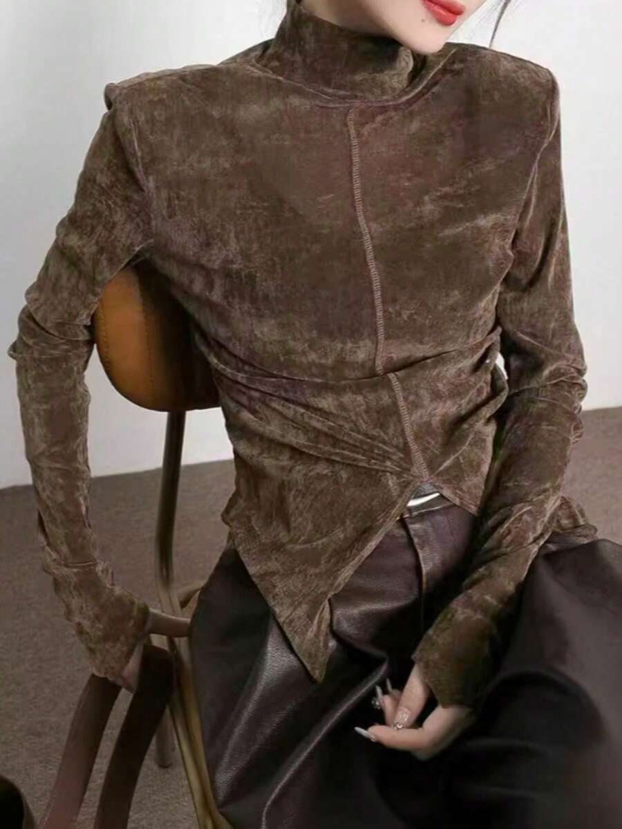 Camiseta de manga larga con cuello alto y puños divididos de terciopelo de unicolor para mujer, de alta gama para otoño/invierno - Marrón - Ver 1