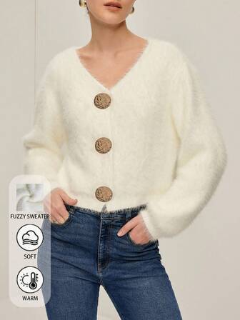 Women's Fuzzy V-Neck Cardigan. Vintage Embossed Button Soft Knit Top, Autumn/Winter Clothing