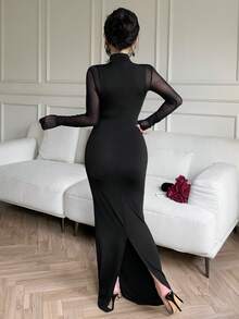 abyoxi Women's Black Mesh Splicing, High Neck, Pink Rhinestone Butterfly Embellished, Slim-Fit Slit, Fishtail Long Dress, Glamorous And Sexy, Fashionable And Elegant, Party, Date, Formal Dinner Gown, Fall Winter Bodycon Mermaid Maxi Dresses