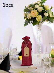 带抽绳的葡萄酒瓶袋，可重复使用的礼品袋和标签，适用于生日派对、婚礼、情人节、新年装饰派对用品