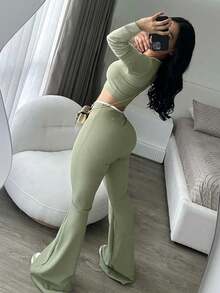 Conjunto de pantalones acampanados de cintura baja elástica y sexy y cómodos - Verde - Ver 4
