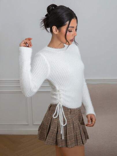 Women's Solid Color Knit Ribbed Drawstring Pullover Sweater, Casual Home Wear, Autumn/Winter