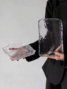 1pc Asymmetrical Glass Glacier Tray, High-End Icy Plate, Home Kitchen Dessert Fruit Cake Snack Tray, Jewelry Storage Dish - Pink - View 12