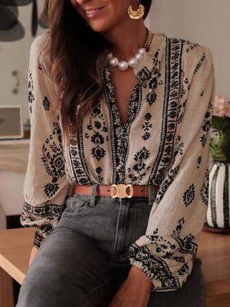 Vintage Positioning Floral Elegant Shirt, Extra Long Puff Sleeve Button Down Casual Shirt