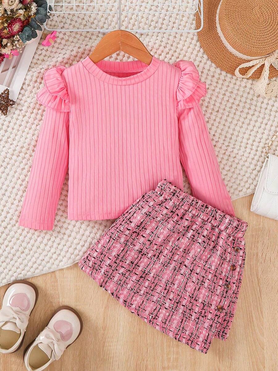 2pcs/Set, Ruffle Trim Long Sleeve Top + Tweed Knit Skirt - Spring/Autumn Outfit, Girls Set, Gift, Teen Clothing - Pink - View 1