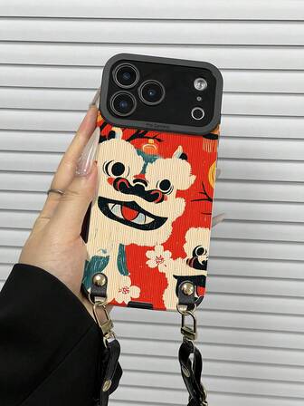 1 Peça Alça Transversal Ajustável de Couro PU + 1 Peça Capa de Telefone Protetora Texturizada Minimalista e Estilizada com Padrão de Dança de Leão de Ano Novo, Adequada como Presente de Aniversário, Feriado para Amigos, Família, Casais, Compatível com iPhone 17/11/12/13/14/15/16 Pro Max/16e/16 Plus/17 Pro/17 Pro Max/16 Pro/16