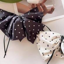 Large Chiffon Silk Hair Bow For Women Mesh Big Bows Hair Clips With Pearls Crystal Tulle Hair Barrettes Long Tail Bowknot Hair Accessories (Polka Dot Black)PolkaDotBlack - 波爾卡圓點黑色 - 查看 7