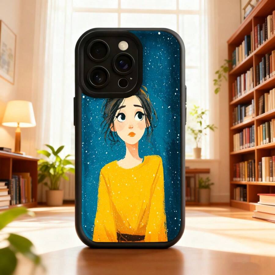 Cubierta de teléfono con diseño de chica en suéter amarillo sobre fondo estrellado para uso diario en interiores y lectura Aplicable a teléfonos Apple y Galaxy. - Negro - Ver 1