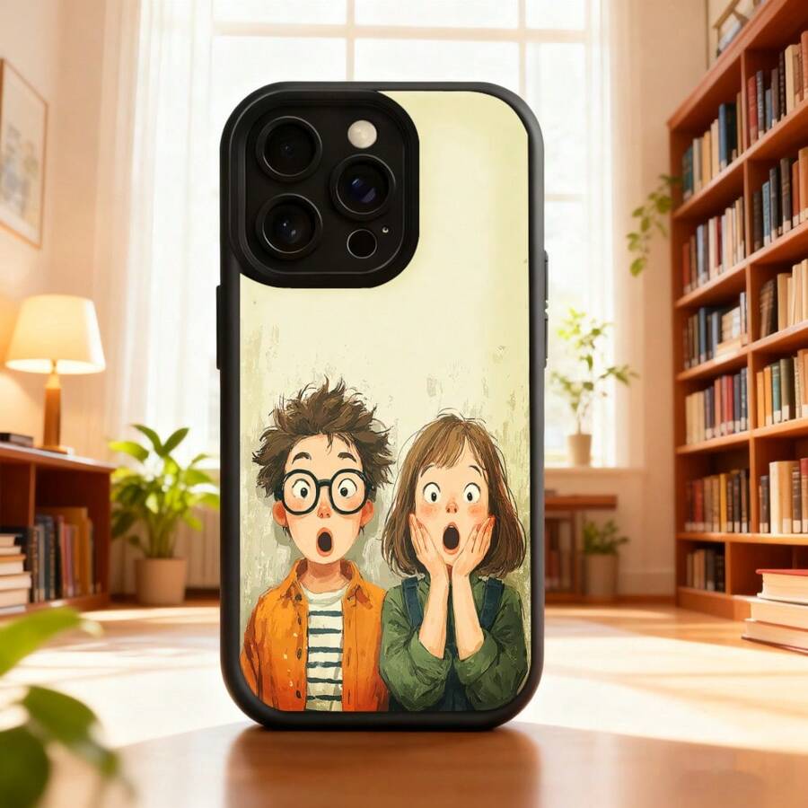 Cubierta de telefono con diseño de dibujos animados para iPhone 14 Pro Max color beige con pareja sorprendida ilustracion estilo anime para uso diario en biblioteca o casa Aplicable a teléfonos Apple y Galaxy. - Burdeos - Ver 1