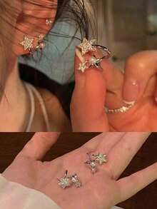 2pcs Fashionable Y2k Style Star, Rhinestone & Simulated Faux Pearl Clip-On Earrings For Party, Date, Gift, Daily Wear - Silver - View 2