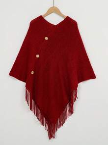 1pc Women Solid Color Button Tassel Knitted Poncho Shawl, Fashionable Casual Warm Wear For Vacation And Daily Use