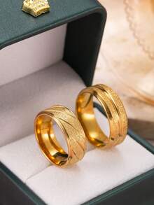 2pcs Elegant Minimalist Stainless Steel 18K Gold Plated Couple Rings, 6mm Matte Finish Women's Ring, 8mm Matte Finish Men's Ring, Suitable For Engagement, Women's Gift, Everyday Couple Wear - Gold - View 32