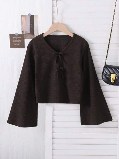 Girls' Casual Solid Color V-Neck Tie Flare Sleeve Top, Cute Brown Bow Decor Blouse, Elegant & Fashionable, Suitable For Spring/Autumn Daily, Outdoor, Back To School, Party Wear