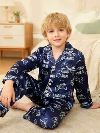 2pcs Boys Autumn/Winter Casual Gamepad Print Pajama Set, Including Long Sleeve Lapel Cardigan Top And Long Pants, Suitable For Family Gatherings, Indoor Activities And Daily Wear, Can Be Worn Outdoors, Comfortable And Casual, Fashionable Loungewear