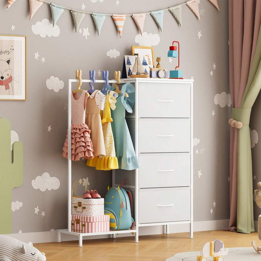 Tomnk Kids Dresser With Clothes Rack, 4 Fabric Drawers & Wooden Top | Children's Storage Organizer For Bedroom, Closet, Nursery Furniture With Grid Panel, Dresser For Bedroom