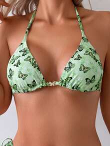 蝴蝶印花可爱系带露背沙滩泳衣套装，适合度假夏季穿着 - 綠色 - 查看 5